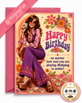 A novelty birthday card and matching envelope featuring a retro 1970s-style woman in purple clothing with Mahjong tiles scattered around her. The card reads 'Happy Birthday no matter how cool you are playing Mahjong is cooler!' with floral decorations.