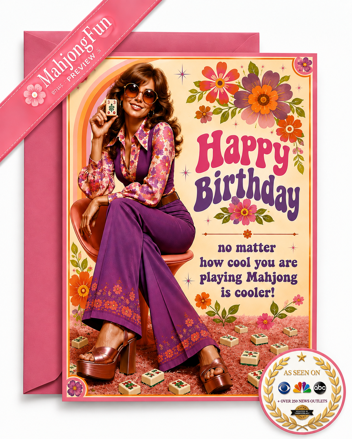 A novelty birthday card and matching envelope featuring a retro 1970s-style woman in purple clothing with Mahjong tiles scattered around her. The card reads 'Happy Birthday no matter how cool you are playing Mahjong is cooler!' with floral decorations.