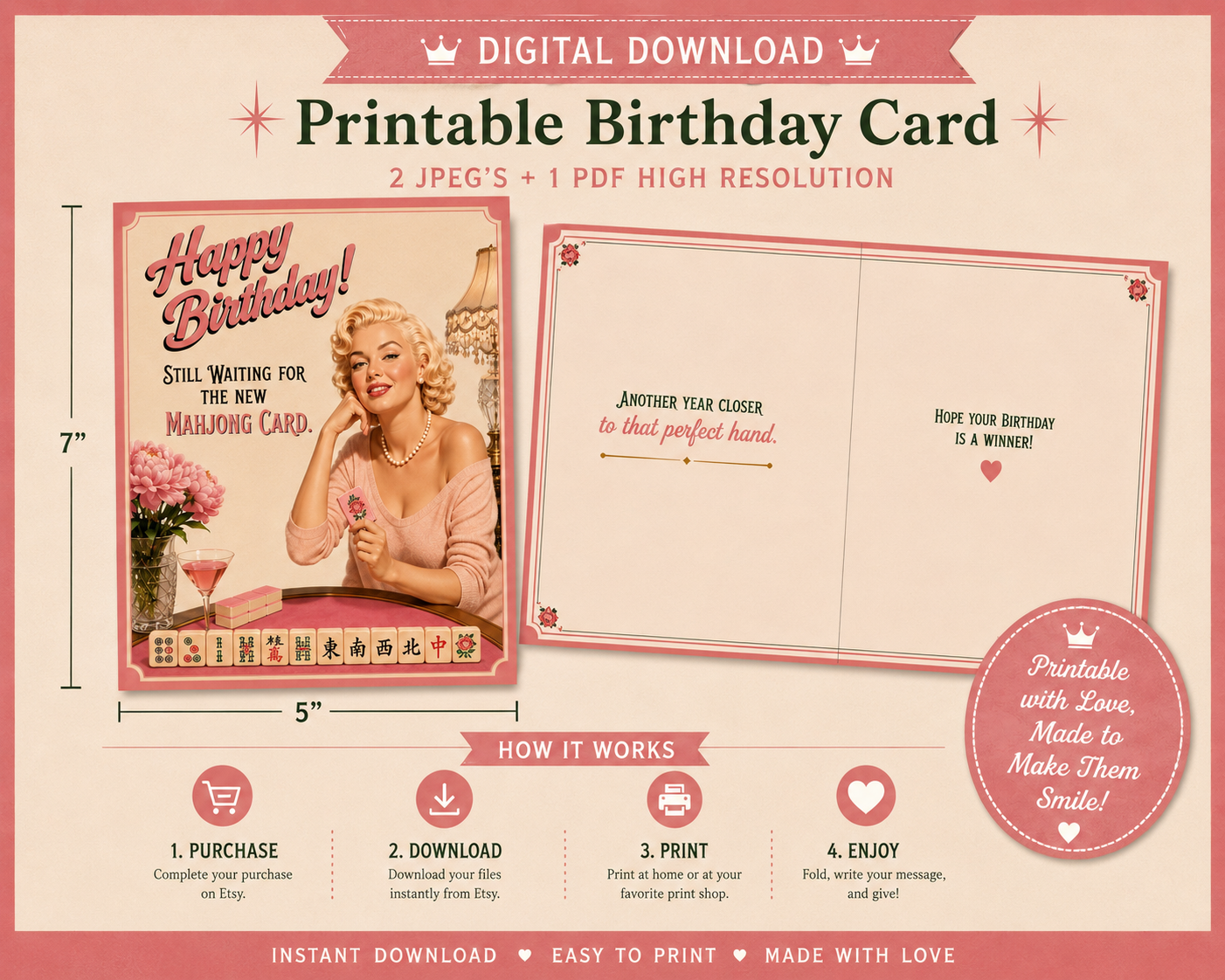 Digital preview graphic for a printable birthday card bundle, showing front and back card designs, dimensions, purchase/download/print instructions, and a badge stating printable with Love, Made to Make Them Smile.