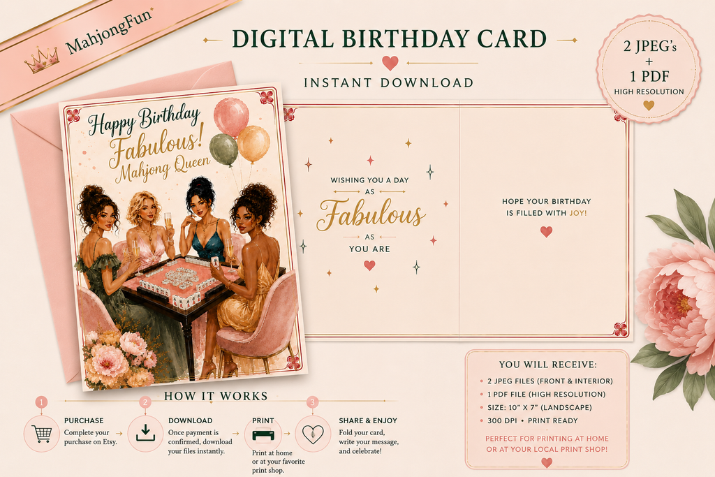 Digital preview of a birthday card template set by MalhjongFun, showing a front and back design with pink floral accents, balloons, illustrated women, and text for instant download in JPEG and PDF formats.