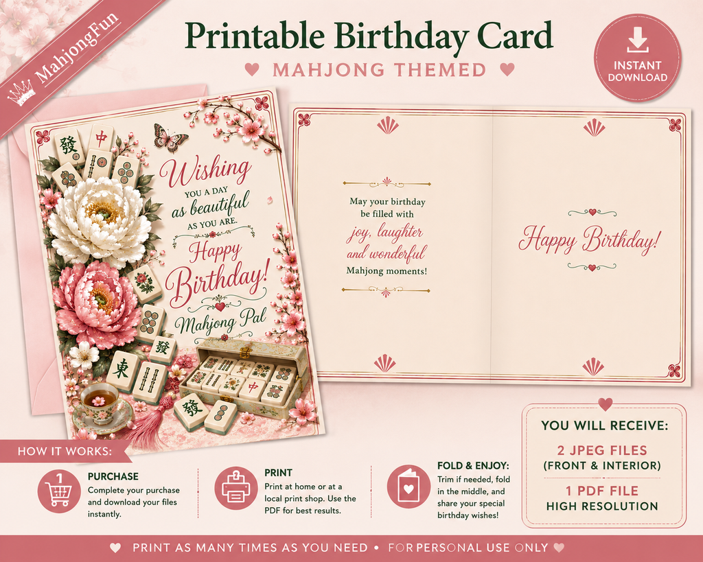 A promotional graphic for a printable birthday card template in a mahjong-themed style. The image shows the front and back of the card design, with pink floral artwork, mahjong tiles, and celebratory text such as 'Happy Birthday!' and 'Wishing you a day as beautiful as you are.