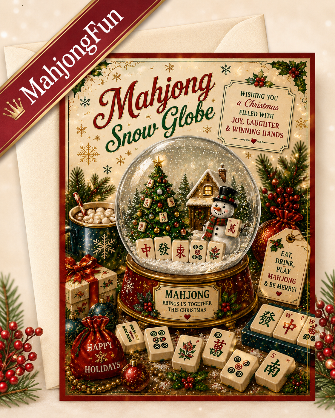 A festive Mahjong-themed Christmas card or print featuring a snow globe with a decorated tree and snowman, surrounded by mahjong tiles, gifts, holiday greenery, and holiday text. A red diagonal banner in the top left reads 'MahjongFun'.