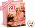 An 80th birthday greeting card featuring an illustration of a woman playing mahjong with pink floral accents, shown with a pink envelope. A pink ribbon banner reads 'MahjongFun' and a gold 'As Seen on NBC' style badge appears in the lower right corner.
