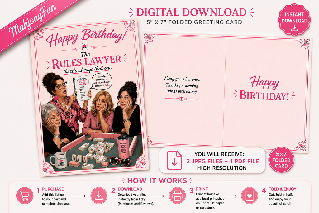 A digital preview of a 5x7 folded birthday greeting card design with pink borders and cartoon characters from The Simpsons, shown alongside an unfolded view and product details for a digital download.