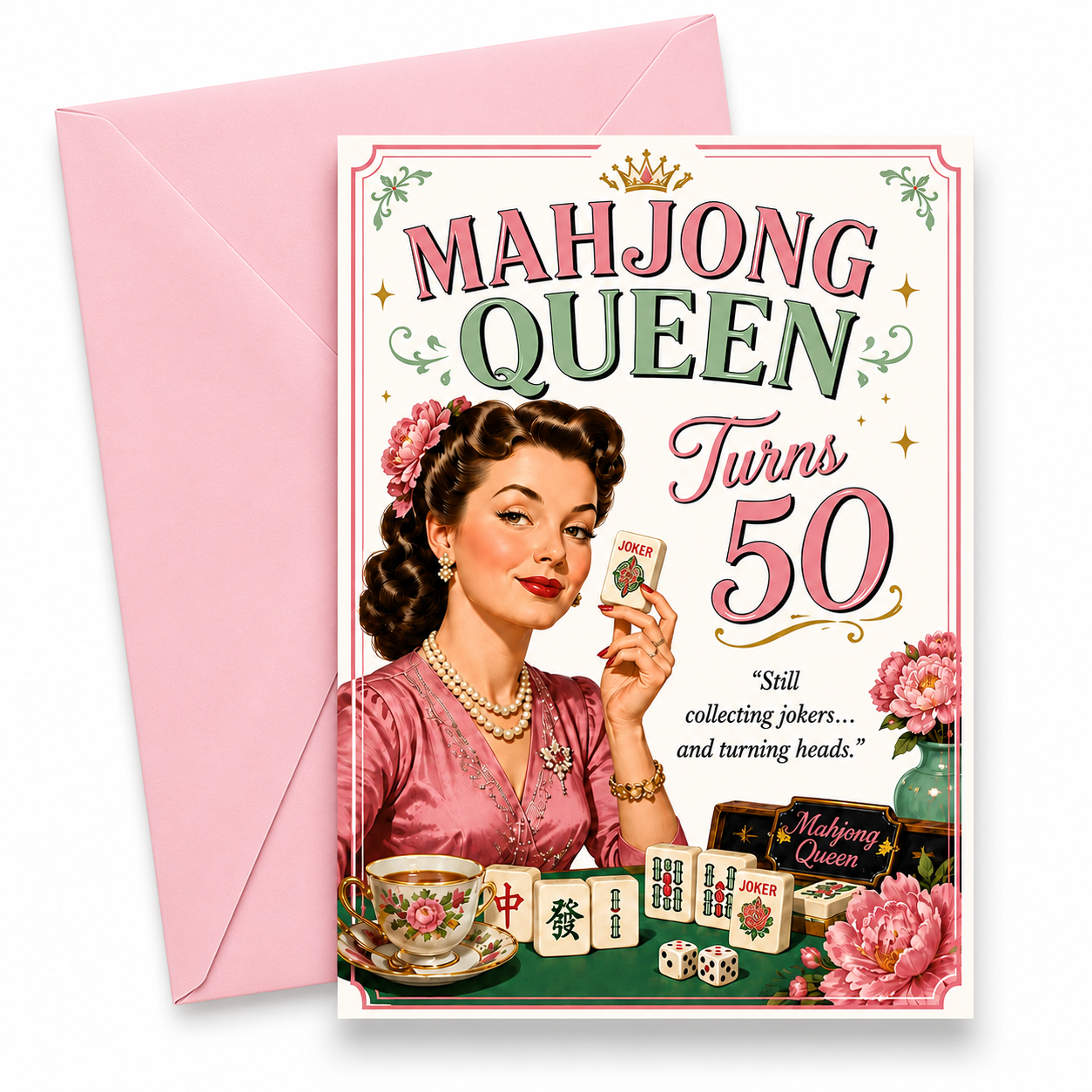 Mahjong Queen 50th Birthday Card | Retro Birthday Funny Greeting (Digital Download)