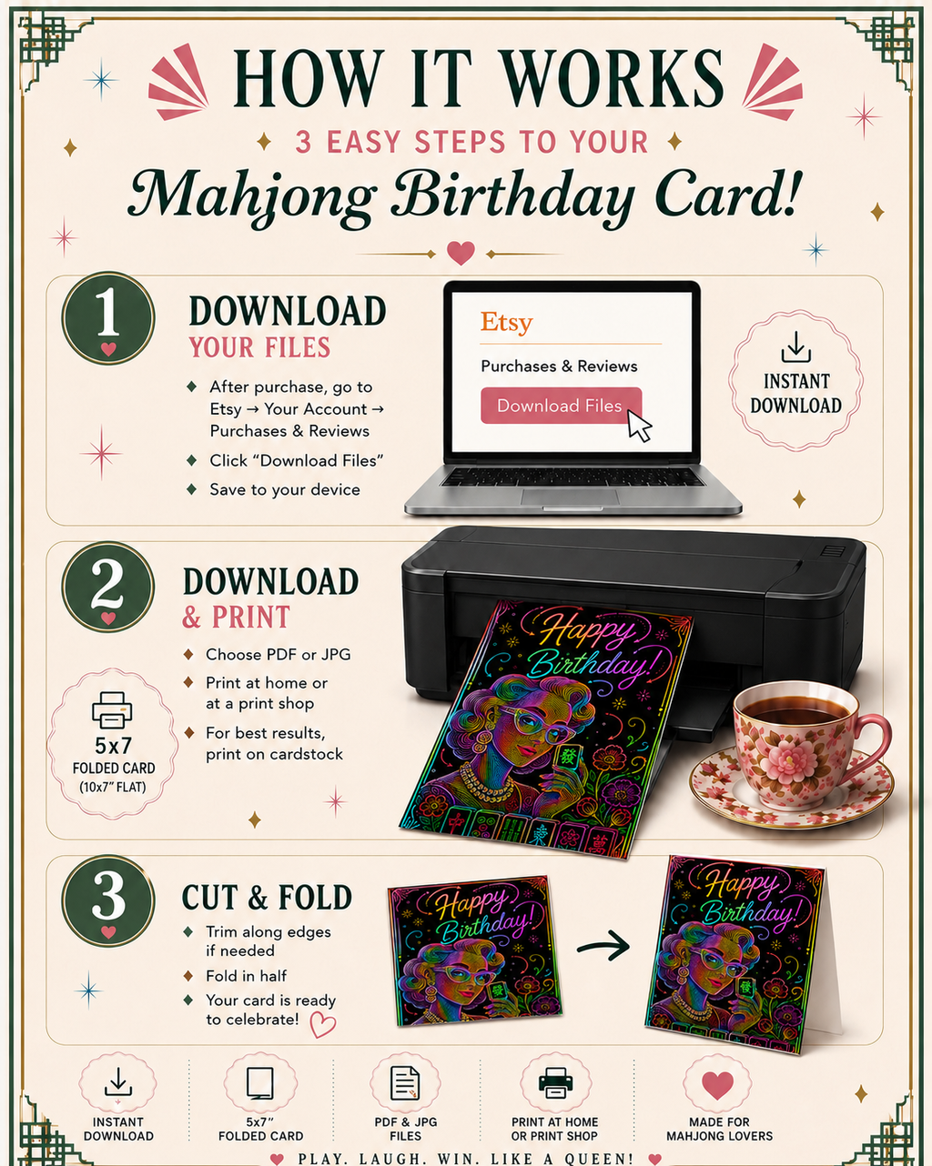 Neon Mahjong Birthday Card Printable | Retro Glam Birthday Card | Digital Download | 5x7 Folded Greeting Card | Mahjong Lover Gift | Instant Download