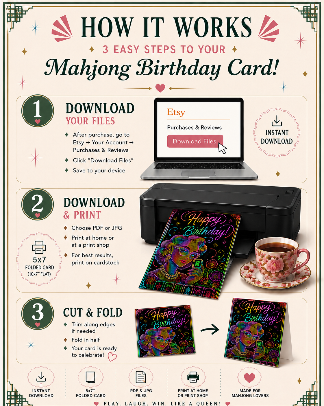 Neon Mahjong Birthday Card Printable | Retro Glam Birthday Card | Digital Download | 5x7 Folded Greeting Card | Mahjong Lover Gift | Instant Download