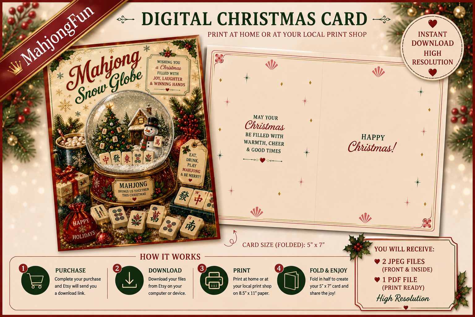 Digital Christmas card template set by MahjongFun, featuring a 'Mahjong Snow Globe' card design and a plain 'Happy Christmas!' card layout, with instructions on how to purchase, download, and print the files.
