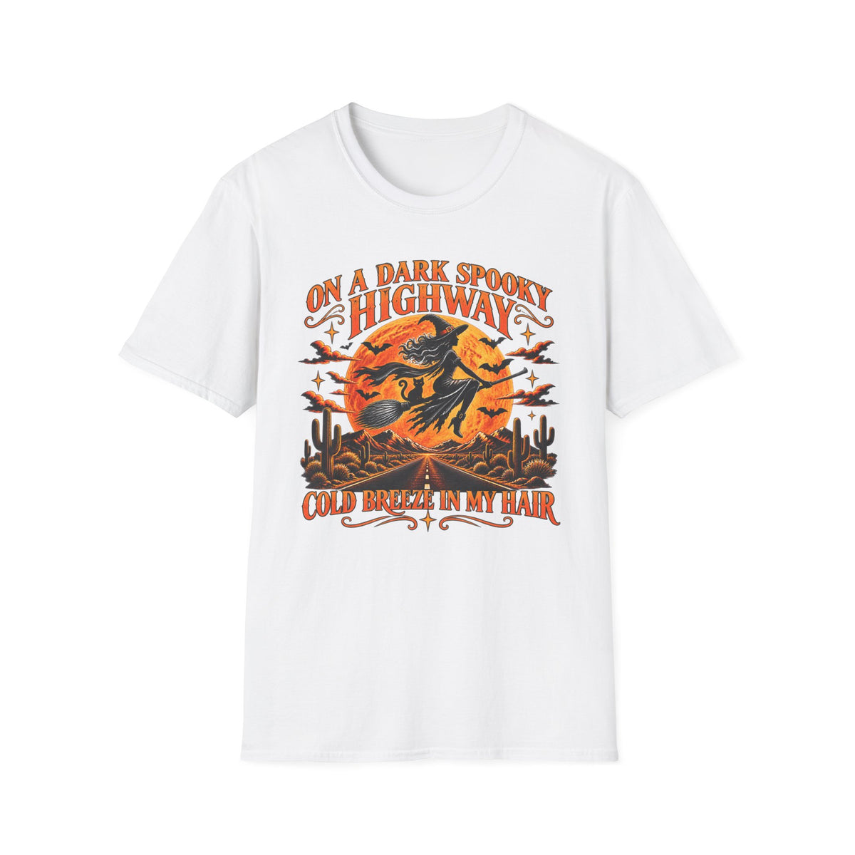 A Halloween themed witch design on a white T-shirt