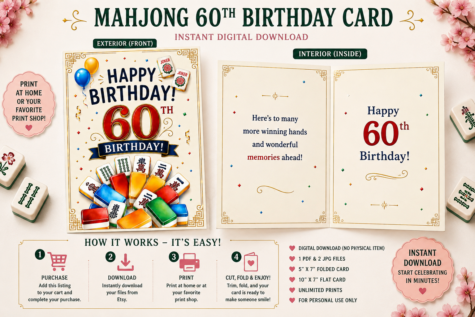 60th Mahjong Birthday Card Digital Download| Mahjong Flower Tiles