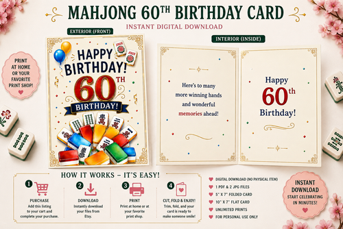 60th Mahjong Birthday Card Digital Download| Mahjong Flower Tiles