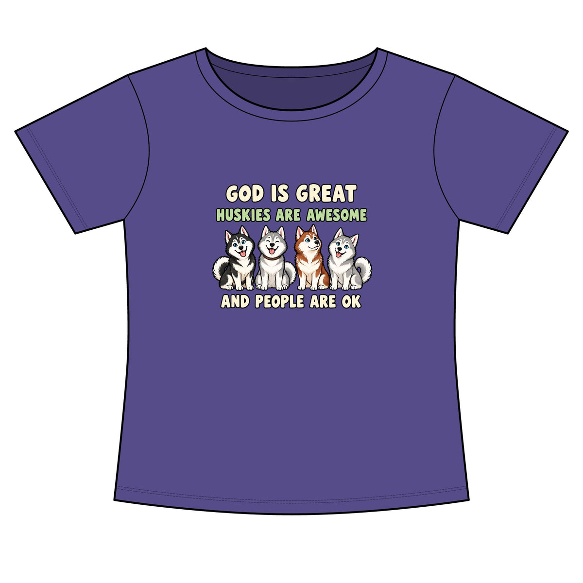 a purple graphic t-shirt with a humorous husky slogan and illustrations of four huskies