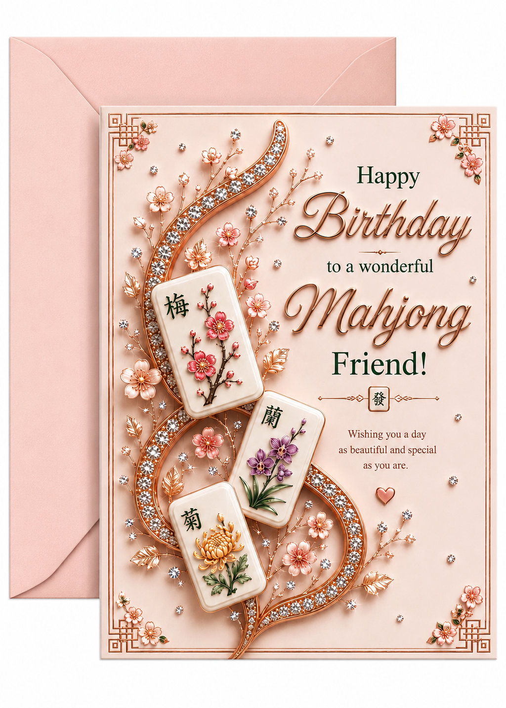 A pink birthday greeting card with an envelope behind it. The card features elegant gold and green text reading 'Happy Birthday to a wonderful Mahjong Friend!' surrounded by 3D floral mahjong tiles, sparkling rhinestone vines, and delicate blossoms.