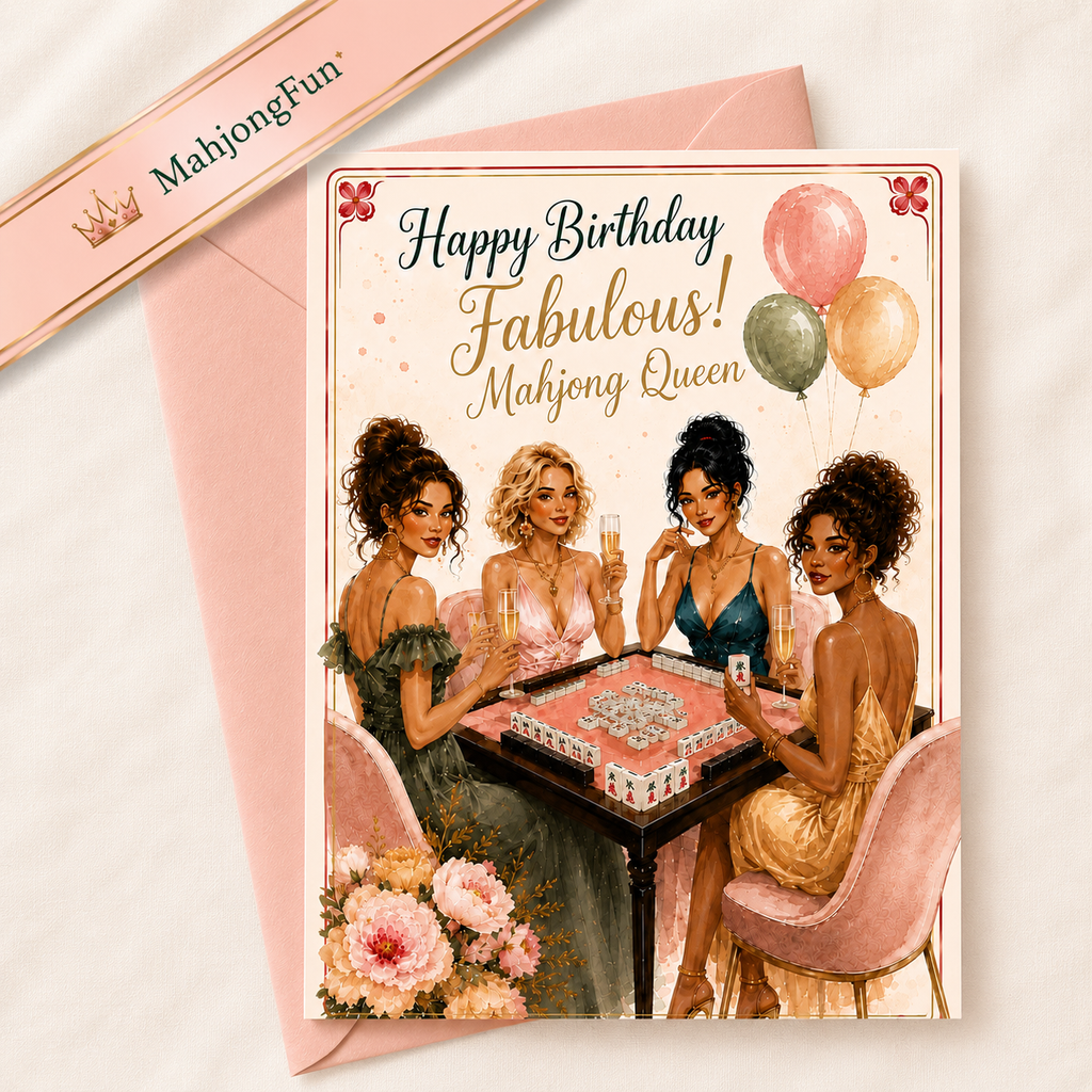 A birthday card and matching envelope on a light marble surface. The card reads 'Happy Birthday Fabulous! Makjong Queen' and features an illustration of four women playing mahjong.