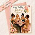 A birthday card and matching envelope on a light marble surface. The card reads 'Happy Birthday Fabulous! Makjong Queen' and features an illustration of four women playing mahjong.