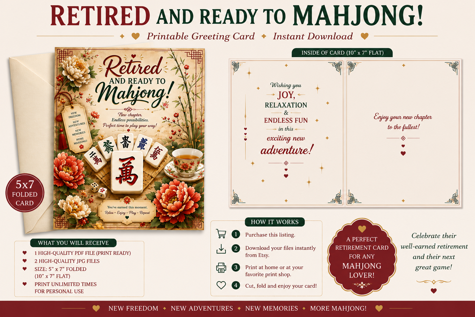 Retired and Ready to Mahjong! Greeting Card with printable options on a white background