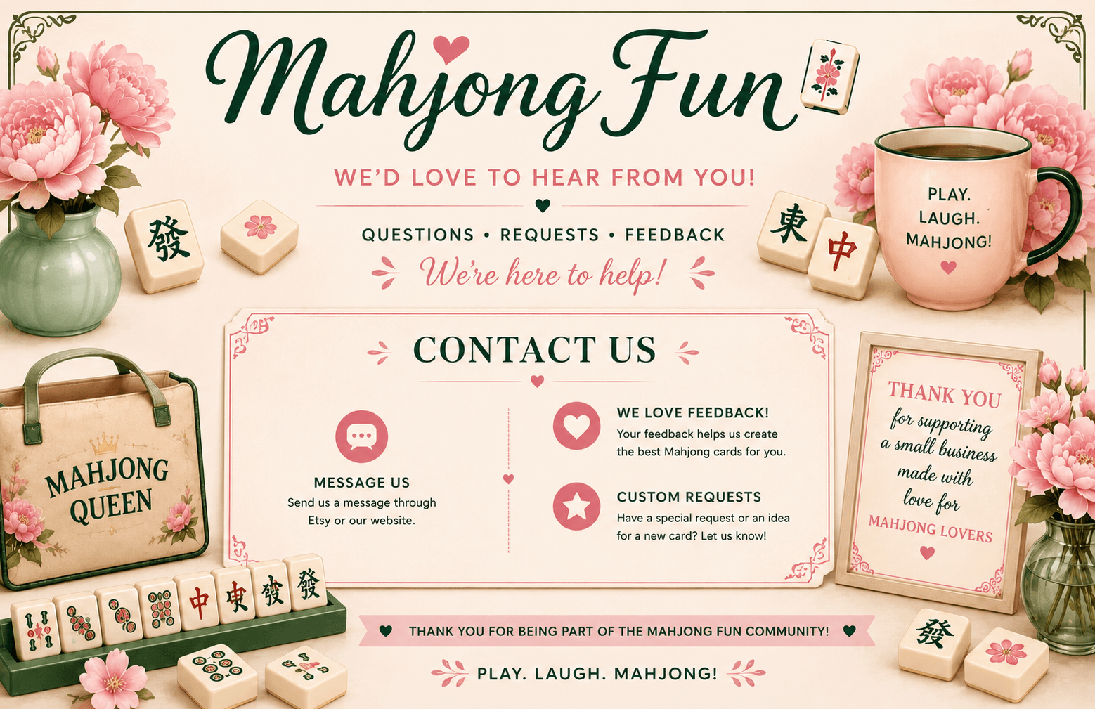 A decorative promotional graphic for Mahjong Fun featuring pink flowers, mahjong tiles, a mug, and printed cards and signs with text such as 'Mahjong Fun,' 'Contact Us,' and 'Thank You.' This is not a clean product photo of a single sellable item, and it is not a measurement chart, color swatch, instruction diagram, scenery, or placeholder, so subject_type is Other.