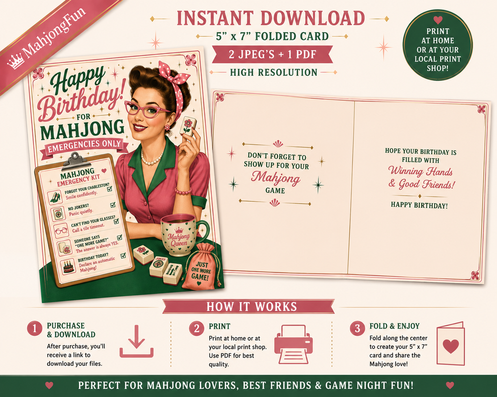 Instant download printable card set for Mahjong lovers, featuring a 5"x7" folded card design with a retro illustration of a woman holding a mahjong tile. The graphic shows the front and back of the card, along with instructions on how to purchase, download, and fold the card.