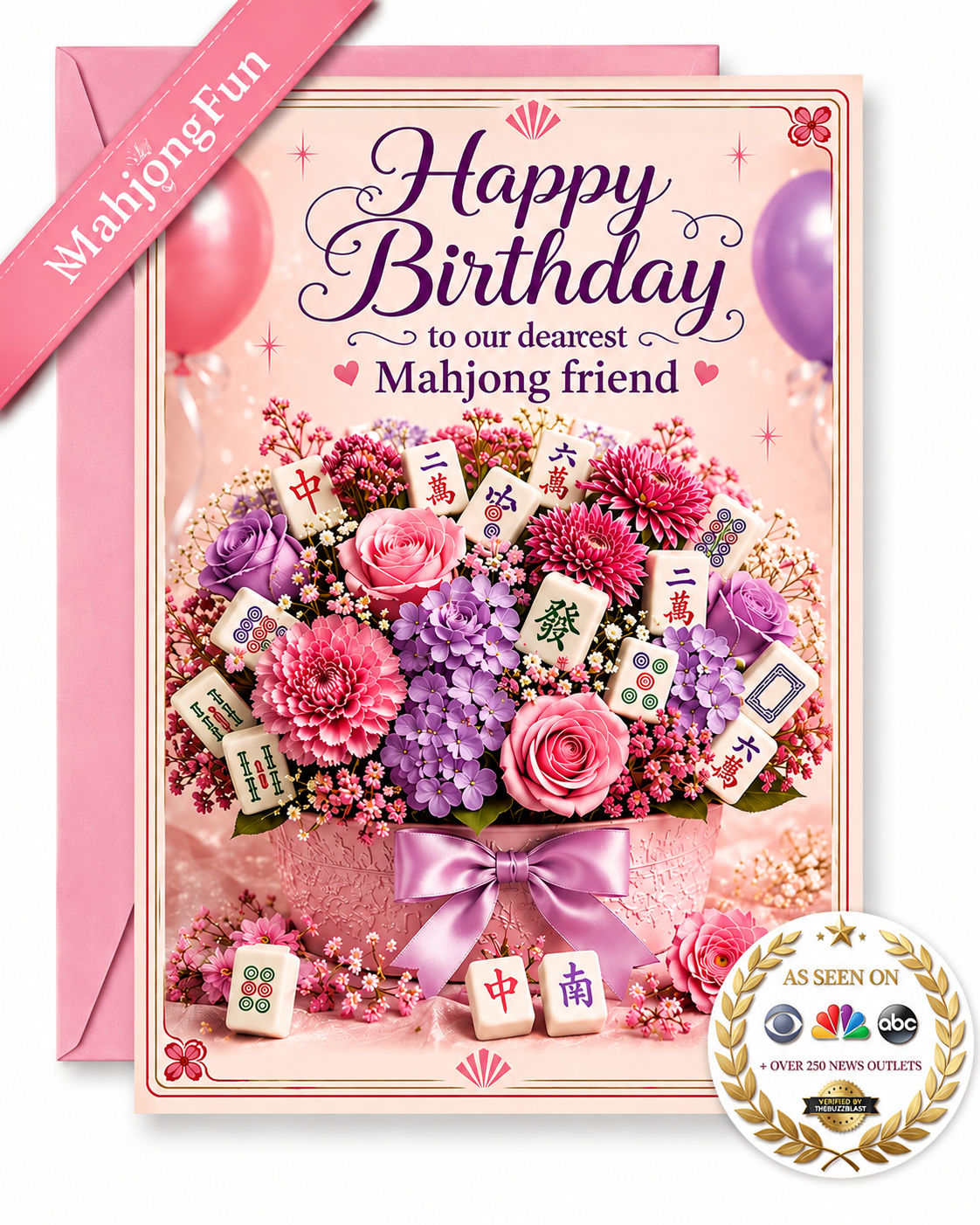 A pink birthday greeting card for a mahjong player, featuring a decorative bouquet of pink and purple flowers with mahjong tiles, a pink envelope behind it, a pink ribbon banner reading 'MahjongFun', and an 'As Seen On' badge.