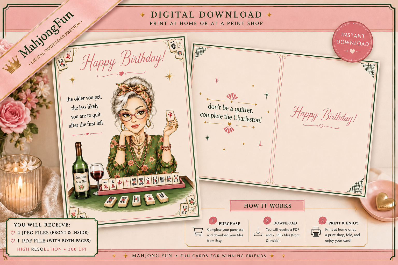 Funny Mahjong Birthday Card Digital Download | Vintage Style, Wine Lover