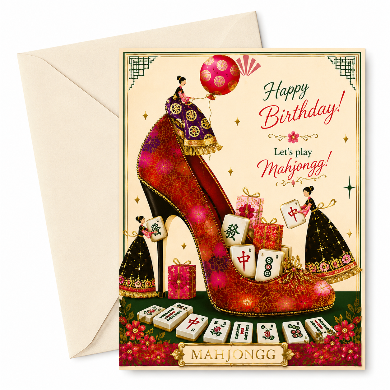 Birthday card with high-heeled shoe design featuring Mahjong tiles and decorative elements.
