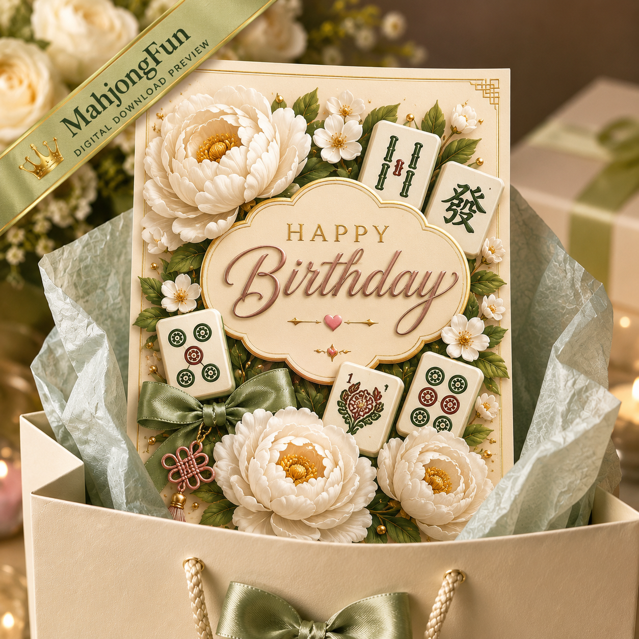 Elegant Mahjong Birthday Card Printable | 5x7 Digital Birthday Card | White Floral 3D Mahjong Greeting Card | Instant Download | Printable Card PDF & JPG