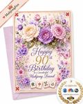 A 90th birthday greeting card and matching envelope set. The card features a watercolor floral design with pink, purple, and cream roses, butterflies, and mahjong tiles, with the text 'Happy 90th Birthday to a wonderful Mahjong Friend'.