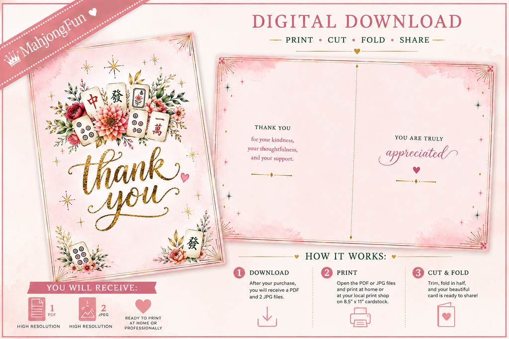 A pink digital download template preview for a thank you card set, showing the front and back designs along with instructions on how to download, print, cut, and fold the card. The design features floral illustrations, playing card suits, and elegant gold script text.