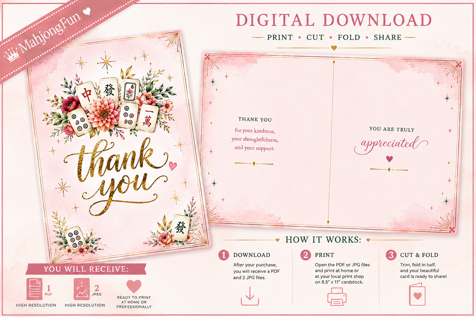 A pink digital download template preview for a thank you card set, showing the front and back designs along with instructions on how to download, print, cut, and fold the card. The design features floral illustrations, playing card suits, and elegant gold script text.