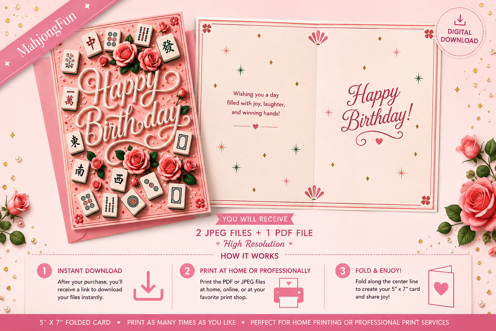 A promotional graphic for a birthday card design showing a folded card front and open card back with floral and mahjong-inspired artwork. The design includes pink roses, game tiles, and decorative elements, with text indicating instant download, 2 JPEG files, 1 PDF file, high resolution, and fold-and-enjoy usage.