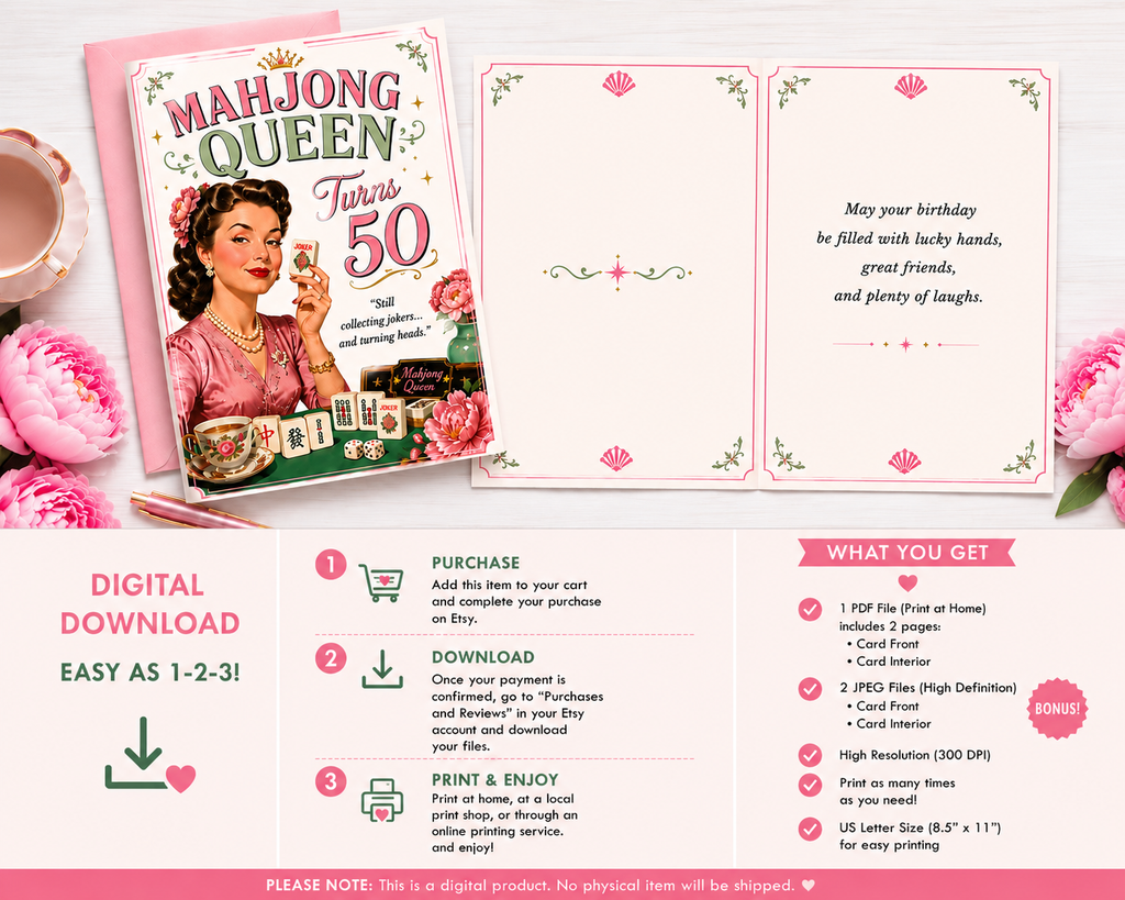 Mahjong Queen 50th Birthday Card | Retro Birthday Funny Greeting (Digital Download)