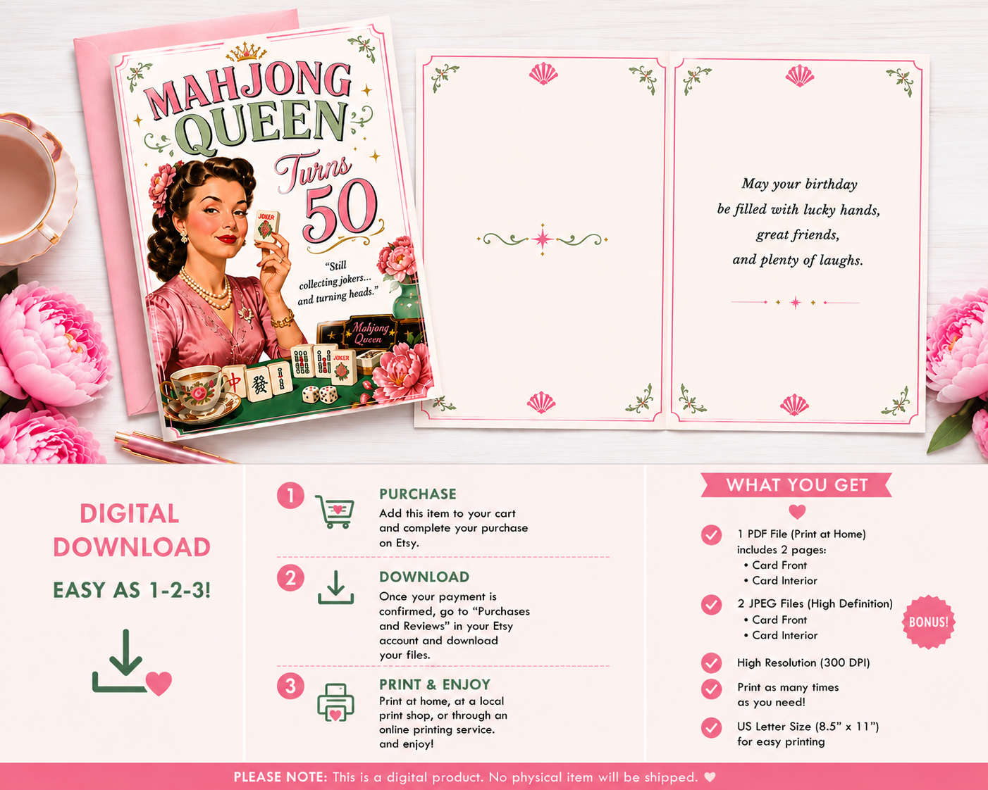Mahjong Queen 50th Birthday Card | Retro Birthday Funny Greeting (Digital Download)