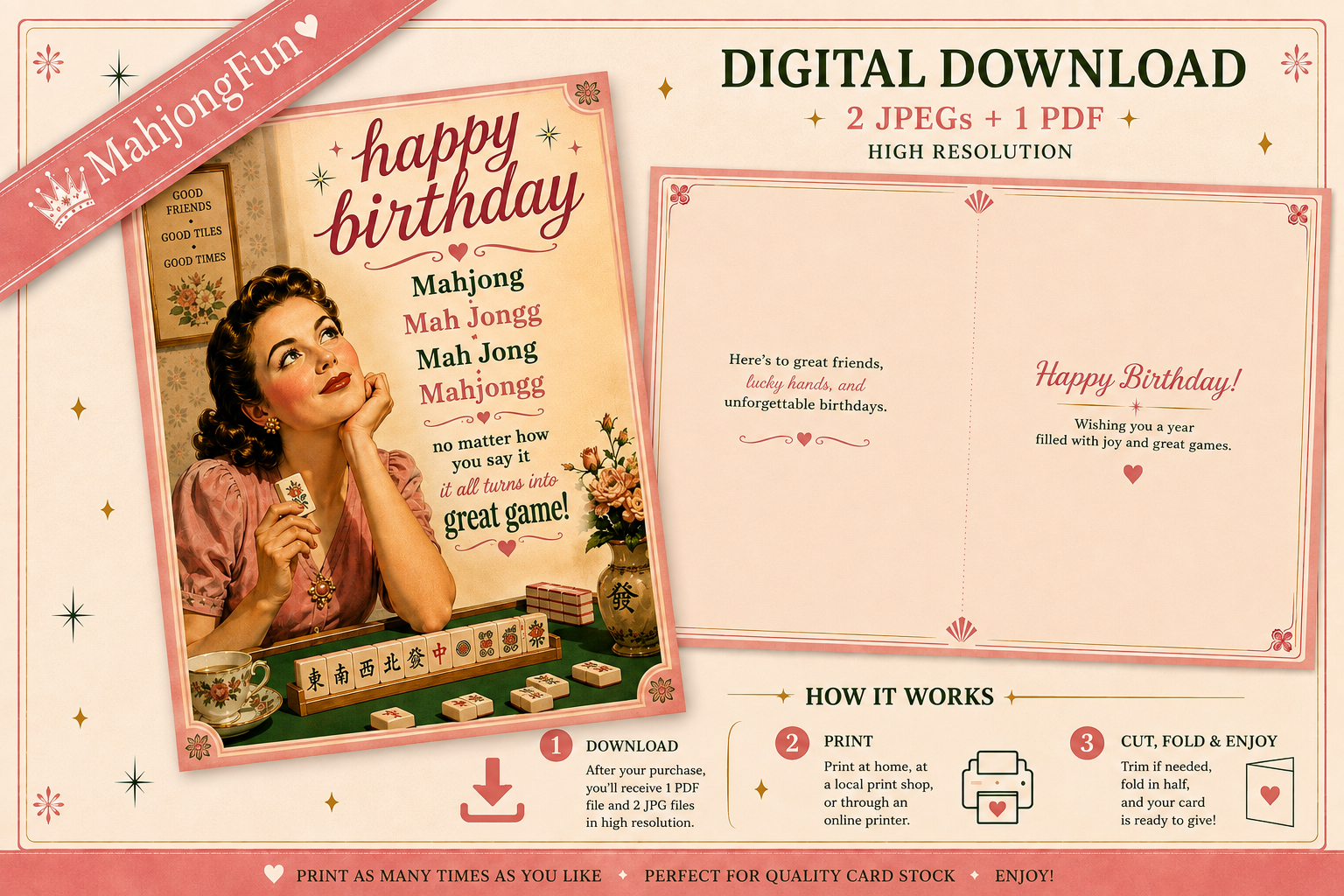 A digital download product mockup for a vintage-style Happy Birthday mahjong card set. The design shows a retro card cover with an illustration of a woman holding a card, alongside an open double-sided card layout with text and decorative elements.