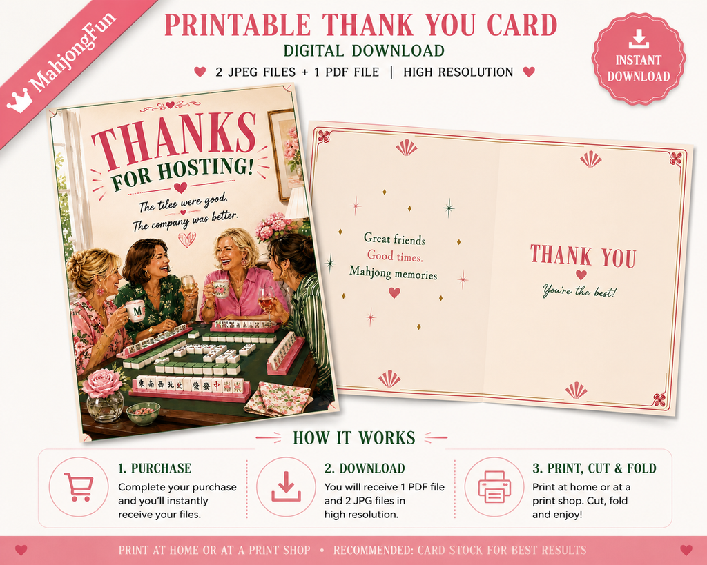 A digital printable thank you card template set shown on a light cream background with decorative pink accents. The left panel shows the front of a vintage-style card with a photo of four women holding cocktails and the headline 'THANKS FOR HOSTING!'.