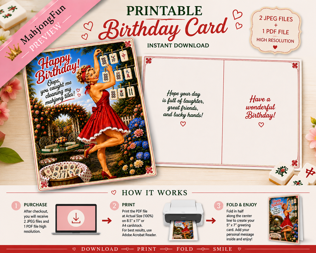 Funny Mahjong Retro Birthday Card, Vintage Woman Design (Digital Download)