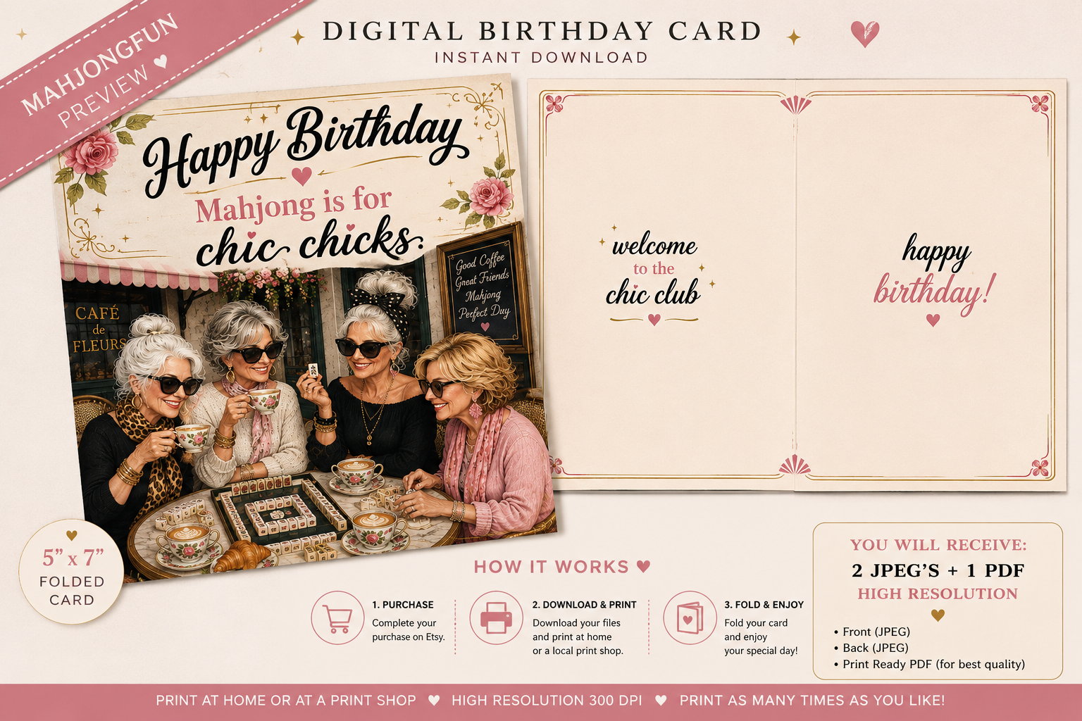 Digital birthday card template preview with a pink header banner, a folded card design, and informational text about instant download, 5x7 folded size, and printable formats.