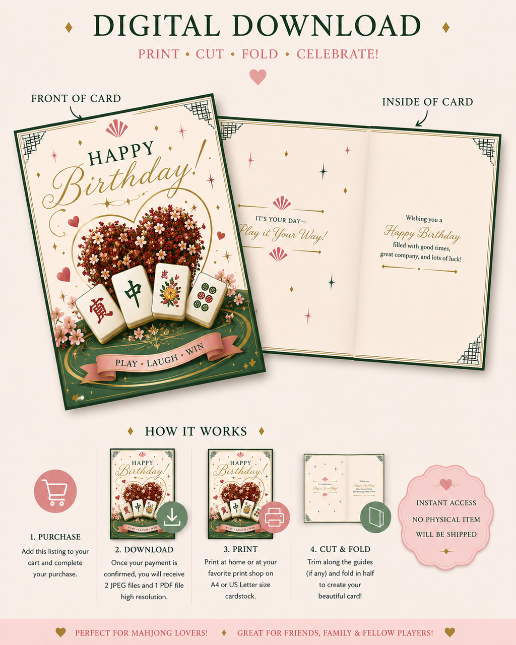 Mahjong themed Digital download card for a birthday celebration with instructions on how to print, cut, fold, and use.