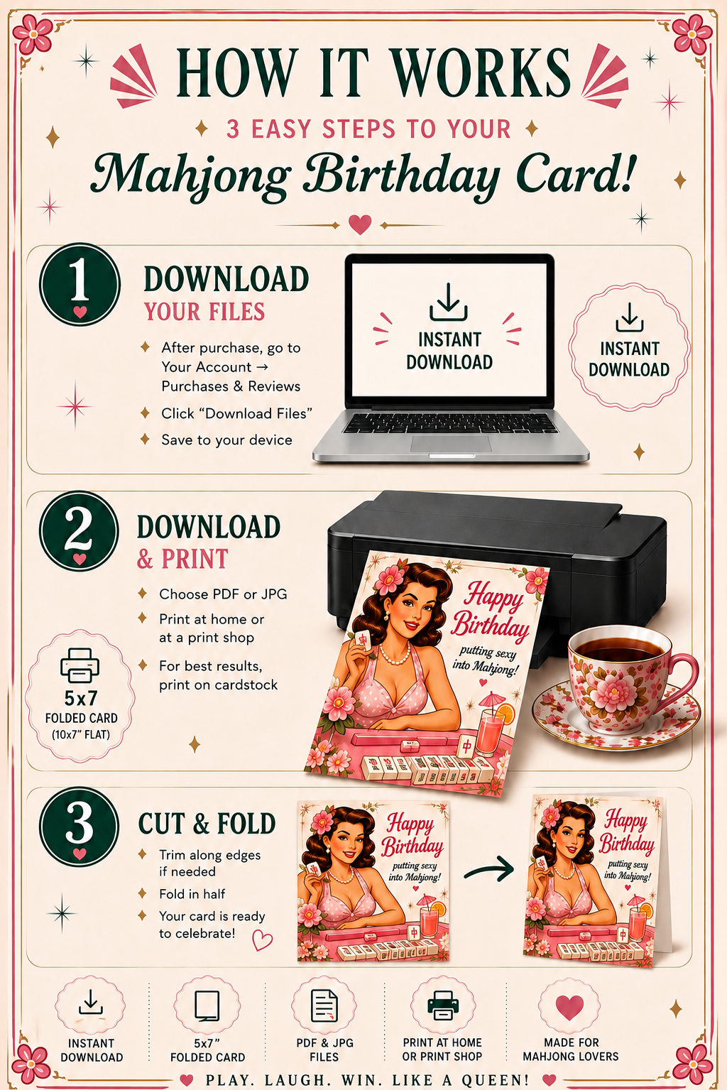 This fun printable Mahjong birthday card combines retro pin-up style, pink florals, Mahjong tiles and a playful birthday message that’s perfect for your Mahjong bestie, game-night friend, mom, sister or any Mahjong-loving woman with a sense of humor.