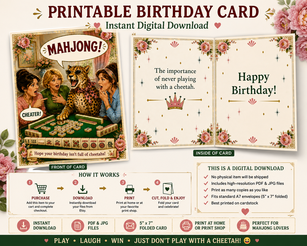 Digital birthday card with Mahjong theme and cheetah illustration, suitable for digital download.
