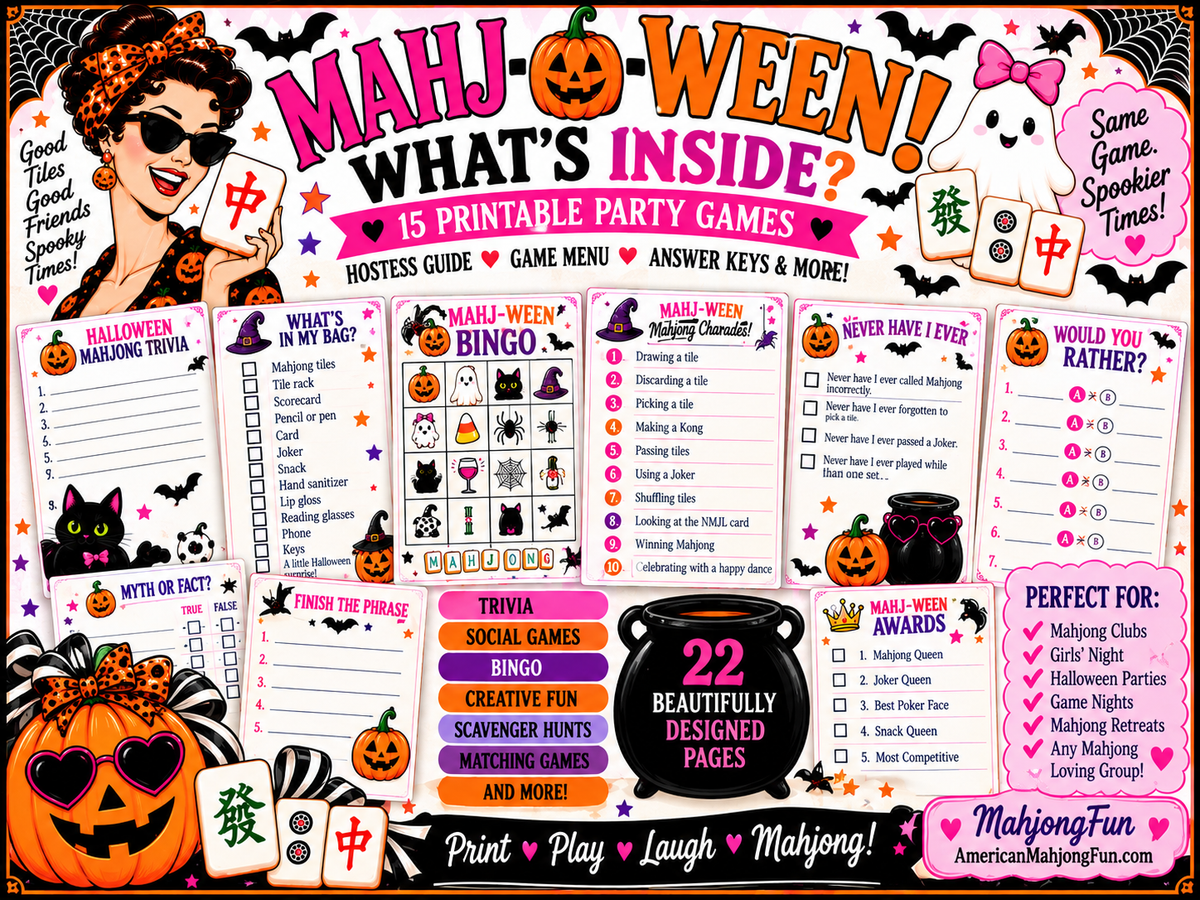 A colorful promotional graphic for a printable party game bundle titled 'Mahj-ween! What's Inside?'. The design shows Halloween-themed illustrations, text blocks for game pages, bingo, trivia, awards, and a 'Perfect for' section, with the brand name MahjFun visible in the lower right.