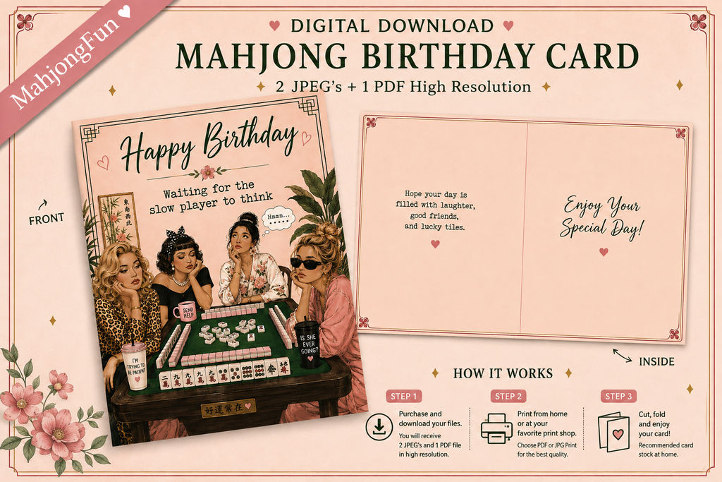 Digital preview of a Mahjong Birthday Card template set by MahjongFun, showing the front and inside layouts with illustrations of women playing mahjong, decorative pink floral corners, and step-by-step purchase instructions on a pale pink background.