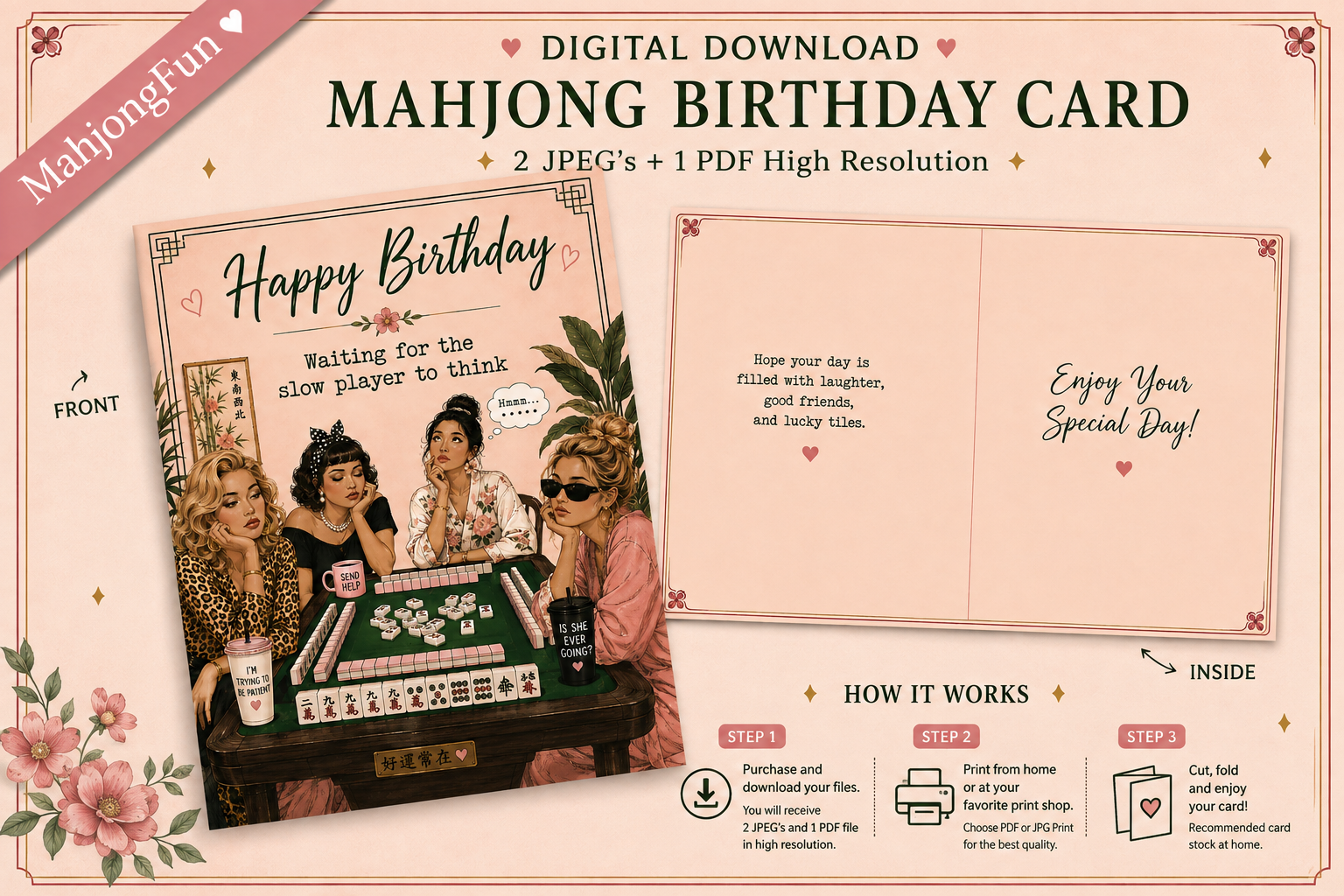 Digital preview of a Mahjong Birthday Card template set by MahjongFun, showing the front and inside layouts with illustrations of women playing mahjong, decorative pink floral corners, and step-by-step purchase instructions on a pale pink background.