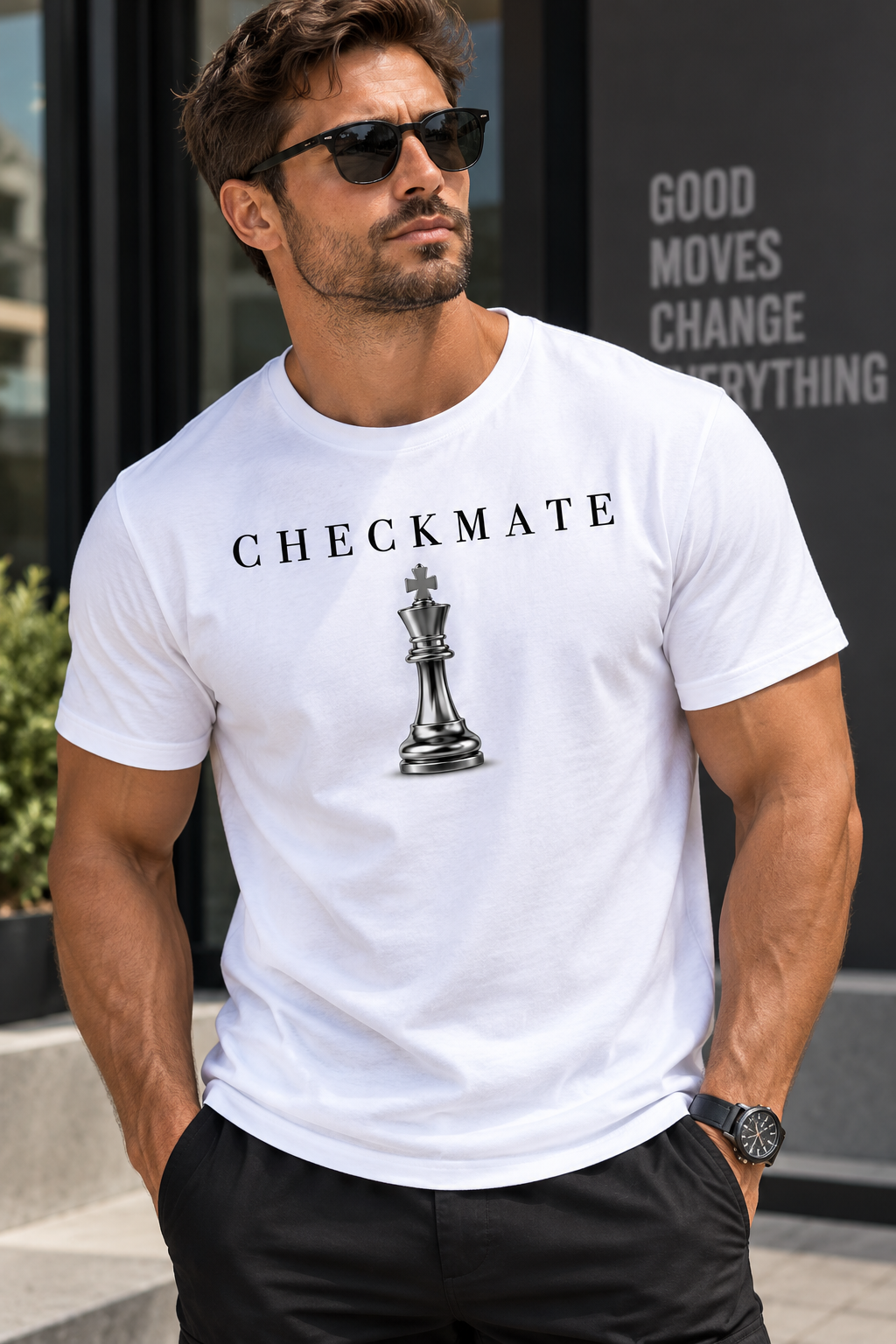 A man wearing a white crew-neck t-shirt with a black 'CHECKMATE' chess piece graphic on the front, paired with black pants and sunglasses, standing outdoors in front of a modern building.