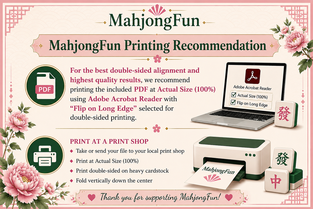 A decorative printed informational graphic for MahjongFun with pink floral borders, the MahjongFun logo at the top, and text giving printing recommendations. It includes icons and illustrations of a laptop showing a PDF, a printer, and mahjong tiles, plus a thank-you message at the bottom.