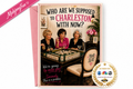 A novelty greeting card with a pink envelope, featuring a retro-style illustration of three women playing a board game in a dimly lit room. The card has bold text reading 'WHO ARE WE SUPPOSED TO CHARLESTON WITH NOW?' and a pink diagonal banner in the top left corner that reads 'MajongFun'.