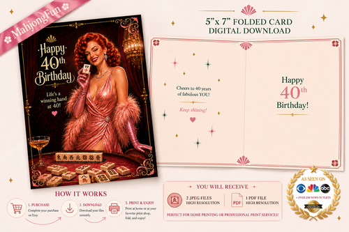 A promotional graphic for a digital download product showing a 5x7 folded card design for a 40th birthday. The left side displays the front of the card with an illustration of a retro woman in a pink dress holding a card, surrounded by gold accents and cards.