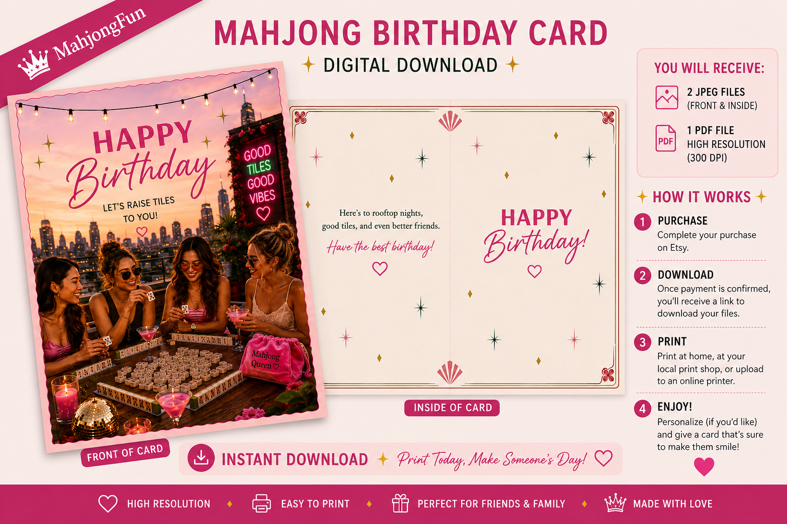 Digital preview of a customizable Majjong birthday card template in pink and gold, showing the front with a sunset beach photo and the inside layout with gold stars on a pink background. Includes a download info sidebar and branding for MajjongFun.