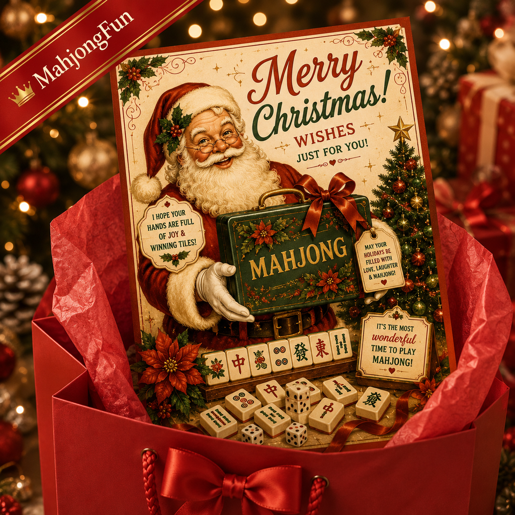 A Christmas-themed mahjong gift set displayed in a red gift bag with tissue paper, featuring a decorative cover illustration of Santa and the words 'Merry Christmas! Wishes Just For You!'. Mahjong tiles, dice, and accessories are arranged in front, with a red ribbon bow on the bag and a diagonal 'Mahjongfun' banner in the corner.