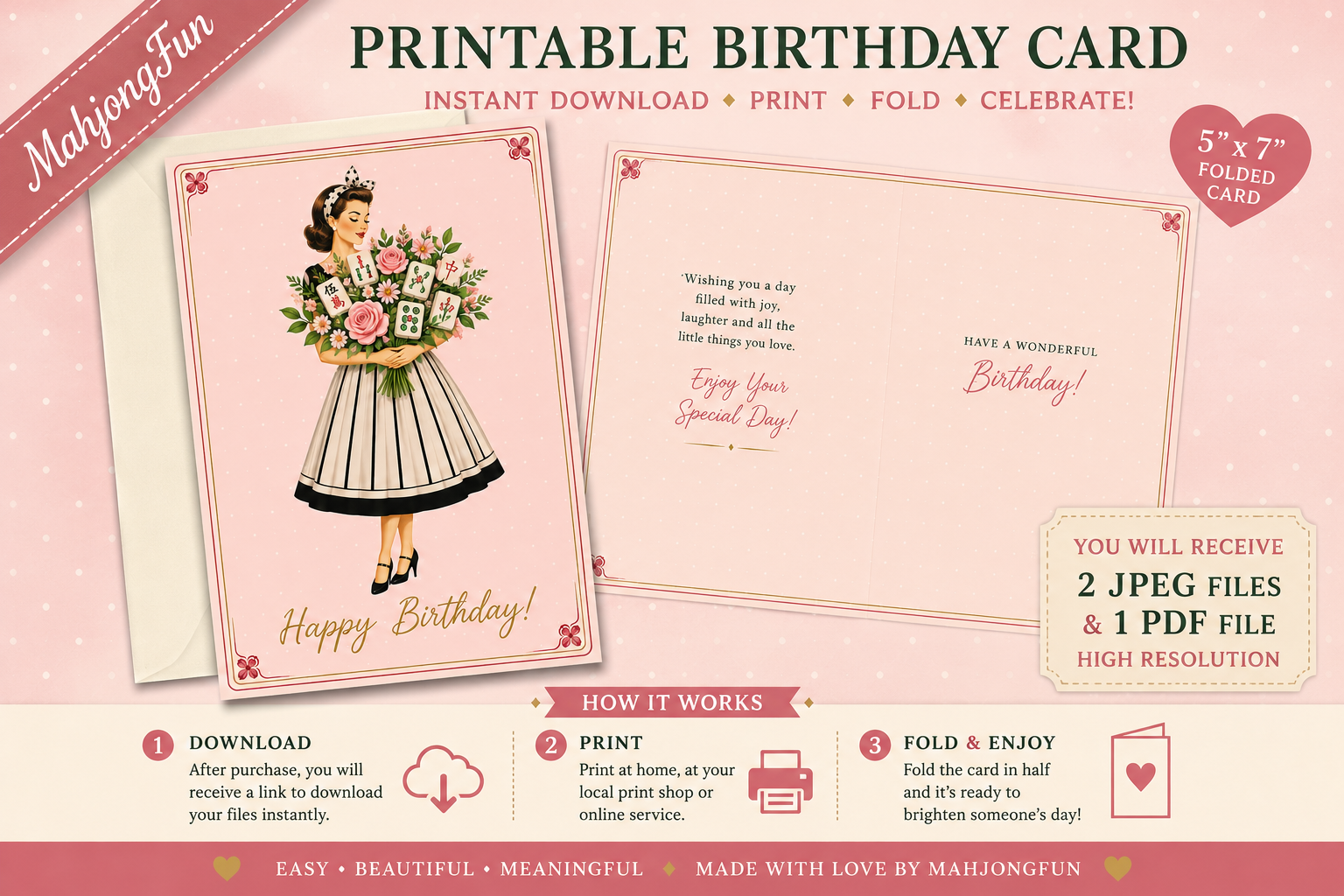 A promotional graphic for a printable birthday card set, showing two sample card designs on a pale pink background with text describing instant download, print, fold, and celebrate features. The left card shows a vintage-style girl holding a bouquet, and the right card shows a simple birthday message layout.