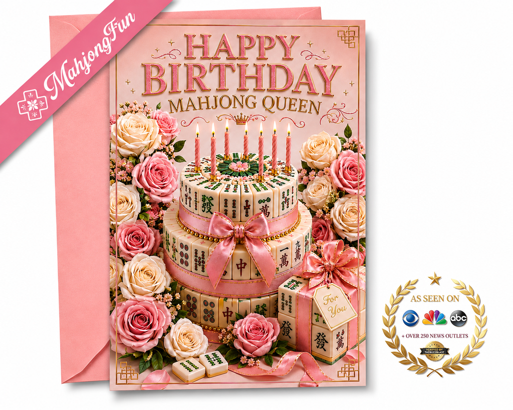 A pink birthday card featuring a decorative mahjong-themed birthday cake surrounded by pink and cream roses, with the text 'HAPPY BIRTHDAY MAHJONG QUEEN.' A matching pink envelope is placed behind the card, and a pink diagonal banner reads 'MehjongFun.